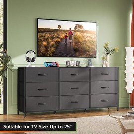 WLIVE 63''W Dresser for Bedroom, Black Dresser TV Stand for 65, 70, 75 inch TV, Wide Chest of Drawers with 9 Drawer, Large Entertainment Center, Fabric Dressers with Wood Top for Closet, Living Room