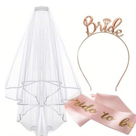Pack of 3 JGA Accessories Women's Veil JGA White Bride to Be Sash, JGA Rose Gold Headband Tiara, Wedding Photo Props Games Accessories for Bachelorette Party