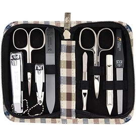 3 Swords Germany - brand quality 8 piece manicure pedicure grooming kit set synthetic leather case chequered - Made in Germany