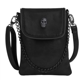FakeFace Gothic Studded Skull Mini Chain Women's Cross Body Bag Satchel Travel Leather Tote Handbag Purse for Women/Girls - Black, 13*16cm
