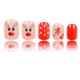 Christmas Press on Nails Short Square with Cute Cartoon Gift Box Gingerbread Man Design Little Elk False Nails Glossy Red Acrylic Fake Nails Gel Glue on Nails Winter tick on Nails for Women Manicure