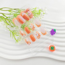 Medium Square Press on Nails Yellow French Tip Fake Nail with Flowers Design Orange Full Cover Glossy Acrylic Nails Press ons Spring Glue on Nail for Girls 24Pcs