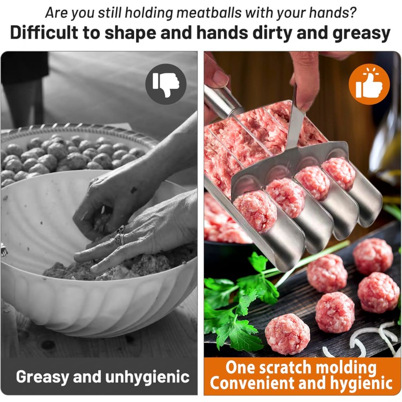 Elyssnova Meatball Maker. 4-in-1 Meatball Maker Tool, Stainless Steel, Silver,