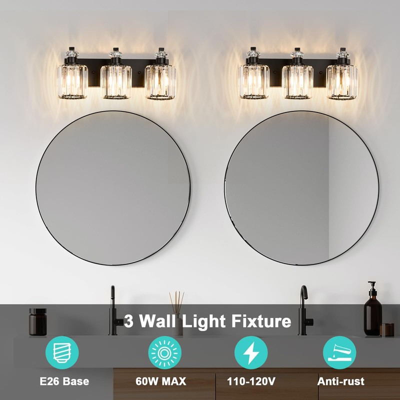 ALAISLYC Black Bathroom Light Fixtures with K9 Crystal Lampshade Bathroom