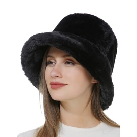 Belle Dame Winter Solid Bucket Hat Fisherman Hat for Women Faux Fur Furry Hat Fluffy Winter Cap Bob Hat (HT503-BK)