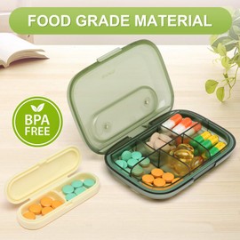 Toplive 6 Compartments Small Pill Case Travel Pill Organizer Pocket Medication Travel Case Portable Small Pill Container with Magnet Light-Proof Mini Pill Box, Green