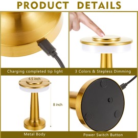 VIHOSE 12 Pcs Cordless Table Lamps LED Portable Rechargeable Table Lamp with Touch Sensor 3 Color Dimming up to 15 Hours Battery Desk Light for Restaurant Nursery Living Room (Gold)