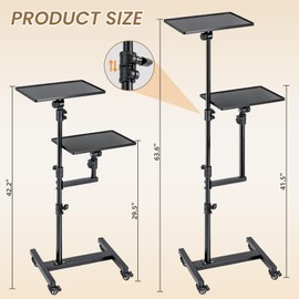 CAHAYA Projector Stand Tripod Adjustable - Mobile Laptop Stand with 2 Shelves and Wheels 180°Tiltable Tray Adjustable Height from 29.5" to 63.6" Stable for Tablets Phones Book Laptop DJ Rack