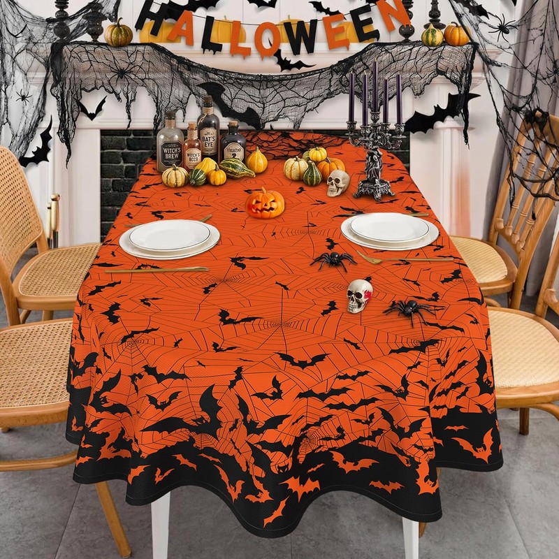 Orange Halloween Tablecloth Oval 60 x 84 Inch, Halloween Table