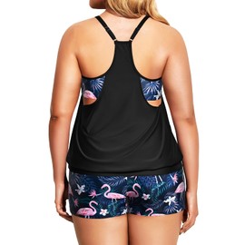 Holipick Women Plus Size Two Piece Tankini Set Swimsuits Tummy Control Bathing Suits Push Up Tankini Top with Boy Shorts, Black Flamingo, 18 Plus