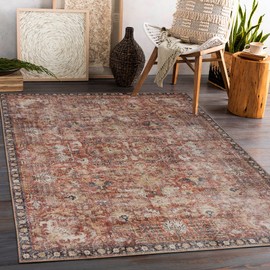 Valenrug Washable Rug 8x10 - Ultra-Thin Antique Collection Area Rug, Stain Resistant Rugs for Living Room Bedroom, Distressed Vintage Rug(Orange, 8'x10')