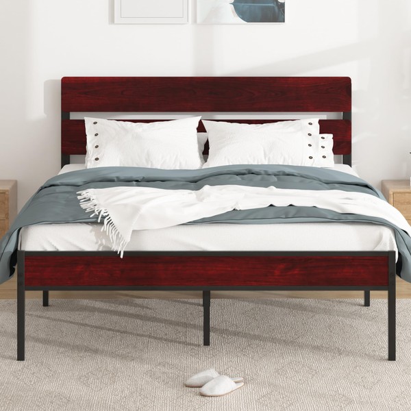 VECELO Metal Platform Queen Size Bed Frame with Wooden Headboard,Sturdy