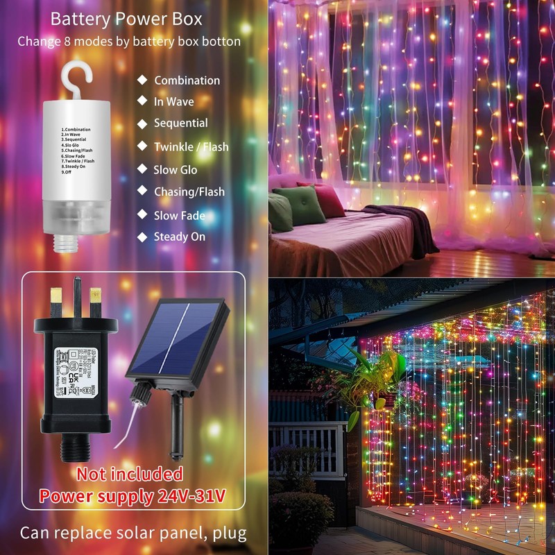 Curtain Lights Battery Operated 10x10Ft 300LED Waterproof Waterfall Light with