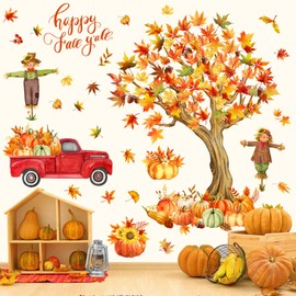 Resurhang Fall Maple Leaves Wall Decals Fall Tree Scarecrow Pumpkin Truck Wall Decor Sticker Thanksgiving Removable Fall Leaves Wall Decor Cute Autumn Wall Mural Art for Classroom Bedroom Decor