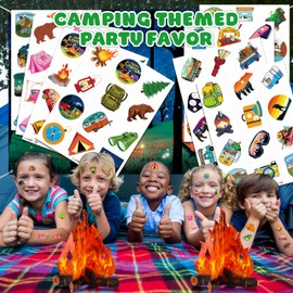 96 PCS Camp Camping Pre-Cut Temporary Tattoos for Kids Themed Birthday Party Supplies Favors Decorations 8 Sheets Super Cute Fake Tattoo Stickers Gifts For Boys Girls School Rewards Home Activity
