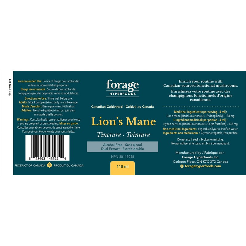 Forage Hyperfoods - Lion’s Mane Tincture, With Premium Mushroom Extract,