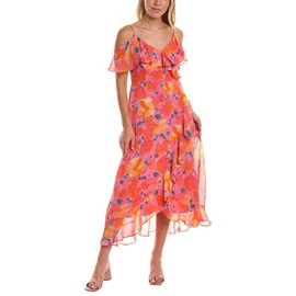 London Times Women's Petite Spaghetti Strap Faux Wrap Maxi Dress with Ruffle Cold Shoulder, Pink/Orange/Yellow