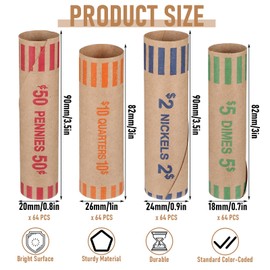 256 Pcs Assorted Coin Wrappers Preformed Tubes, Bulk Preformed Coin Wrappers Rollers for Bank and Office(Quarters, Pennies, Nickels and Dimes)