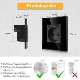 CNBINGO Single Socket with 2 x Type C (USB Port 20 W Quick Charge) - Simple Glass Schuko Socket Flush-Mounted - Black Wall Socket with Child Lock