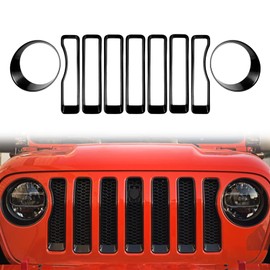 Black Front Headlight Circle Insert Cover Trim Mesh Grille Inserts Cover Trim Kit Frame Trim Compatible With Wrangler JL Gladiator 2018-2019