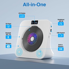 MEGATEK Portable CD Player Bluetooth for Home, Desktop CD Player with Stereo Speakers, FM Radio, USB, LED Display, AUX/Headphone Jack, Remote – White