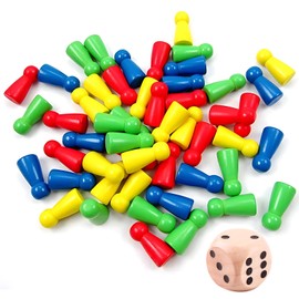 KAIYAYA Pack of 96 Toy Figures for Board Games and 6 Pieces Wooden Cubes, Wooden Figures, 25 x 12 mm Toy Figures, Wooden Dolls, Halma Gel for Board Games, Bottle Cone (Red, Blue, Yellow, Green)