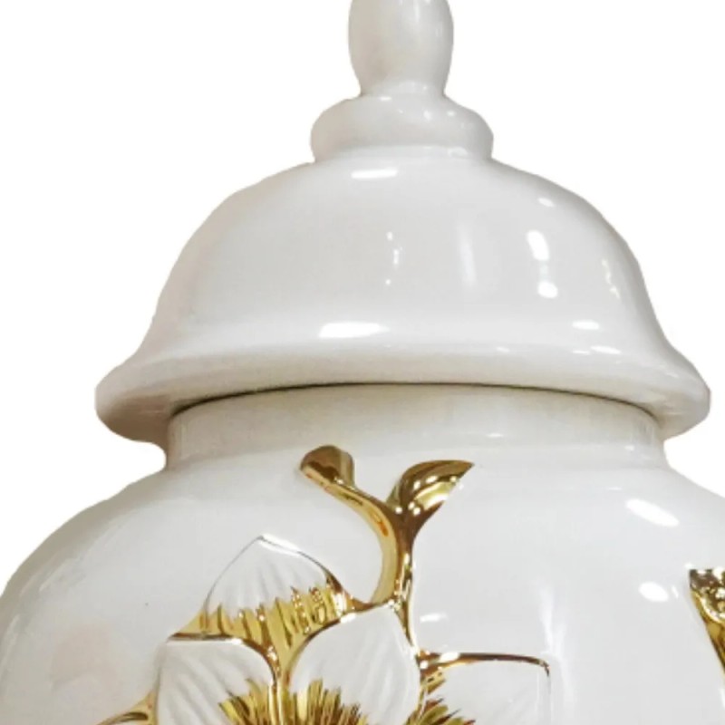 Homeroots 14" White and Gold Floral Urn Ceramic Ginger Jar