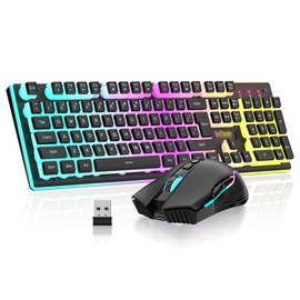 RedThunder K10 Wireless Gaming Keyboard and Mouse Combo, RGB Backlit Rechargeable 3800mAh Battery, Mechanical Feel Anti-ghosting Keyboard with Pudding Keycaps + 7D 3200DPI Mice for PC Gamer (Black)