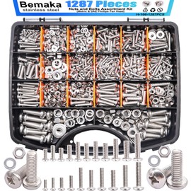 Bemaka 1287Pcs Nuts and Bolts Assortment Kit, 304 Stainless Steel Bolts Machine Screws Hardware Assortment Kit, Metric & SAE Phillips Pan Head Screws, Assorted Bolts, Nuts and Washers Kit