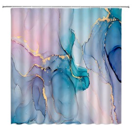 ZNLSU Teal Pink Marble Shower Curtain Modern Abstract Teal Marble Texture Gold Stripes Elegant Luxury Fabric Decor Bathroom Curtain Set with Hooks