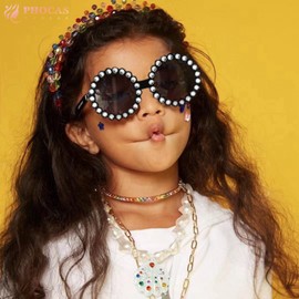 PHOCAS Children Aviators Sunglasses Twin Pack - Silver/Gold Rhinestone-Trimmed Round Frames, UV400 Black/Grey Lenses, 5.1" Shatterproof for Beach/Park/Street Style (Ages 2-10, 2.4" Lens)