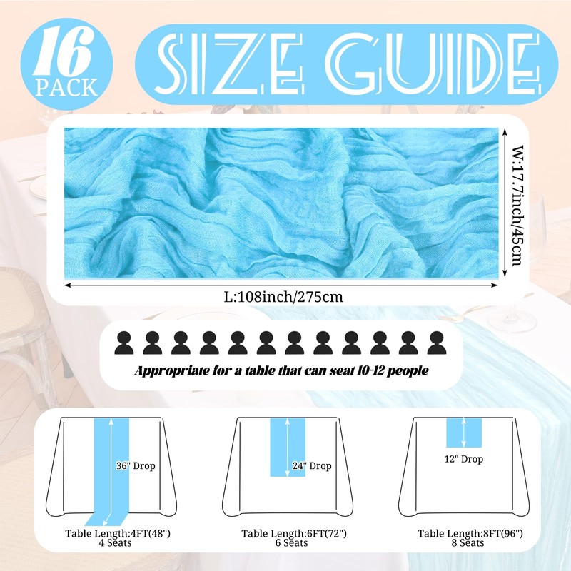 16 Pack Light Blue Cheesecloth Table Runner 17 x 108