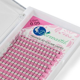 Dermastil 5D Premade Handmade Volume Eyelashes, C Curl, Thickness 0.05 mm, Ready Fan without Knots for Eyelash Extension, PBT, Vegan, 16 Strips Box (10 mm)