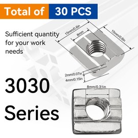 Pack of 30 T-slot nuts M8, T-slot rail M8, T-slot carbon steel slot nut for C profile M8, T slot nut M8 for 30 c profile, aluminium profile, clamping claws, aluminium rail, T slot 30 rail