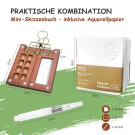 Mini Watercolour Set - Portable Travel Palette with 8 Compartments - Pocketartist Sketchbook Set with Watercolour Paper, Brushes, Binder Clips - Compact Watercolour Set for Travel
