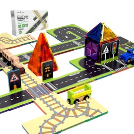 Zen Kai Toys Double-Sided Magnetic Tile Toppers – 45-Pcs Set Magnetic Tile Road Toppers – Road and Train Track Toppers for Magnet Building Blocks – Playset Accessories for Boys and Girls Age 3-12