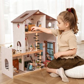 Wooden Doll House with 53Pcs Furniture Doll House, 6 Rooms Toddler Dollhouse Includes Spiral Wooden Staircase and Balcony, Modern Family Dollhouse with Realistic Design Gift for Ages 3+