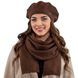 Vivisence Elegant Women's Winter Beret and Scarf Set Made of Warm Thick and Soft Fabric with Wool Blend for Ladies Ideal for Cold Winter and Autumn Days, Brown,UNI