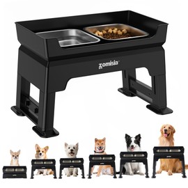 3-in-1 Elevated Dog Bowls Dual Level - Mess Free Dog Feeding Station 6.7" to 15.9", 6 Heights Adjustable Bowl Stand, Including 2 Stainless Steel Bowls, Slow Feeder & Lick Plate, Medium to Large Pets