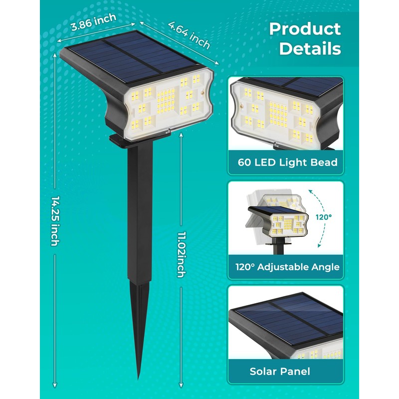 HGGH Solar Lights Outdoor Waterproof IP67, 60 LED 3 Lighting