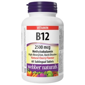 Webber Naturals Vitamin B12 Methylcobalamin 2500mcg, Cherry, Sublingual Tablets, 60 Time Release Tablets