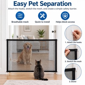 Dog Mesh Barrier Gate for Stairs & Doorways – Foldable Pet Safety Fence with 4 Adhesive Hooks for Indoor Spaces