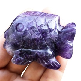 Fekuar Hand Carved Amethyst Fish Figurine, Healing Crystal Animal Statue Pocket Stone Reiki Home Decoration Fengshui Sculpture 2 Inches