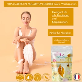 800 g Dermawax Exotic Hypoallergenic Waxing Beads for Hair Removal Eyebrow Face Intimate Bikini Zone Armpits Women's Beard Hair Removal without Fleece Strips Suitable for All Skin Types Vegan Wax