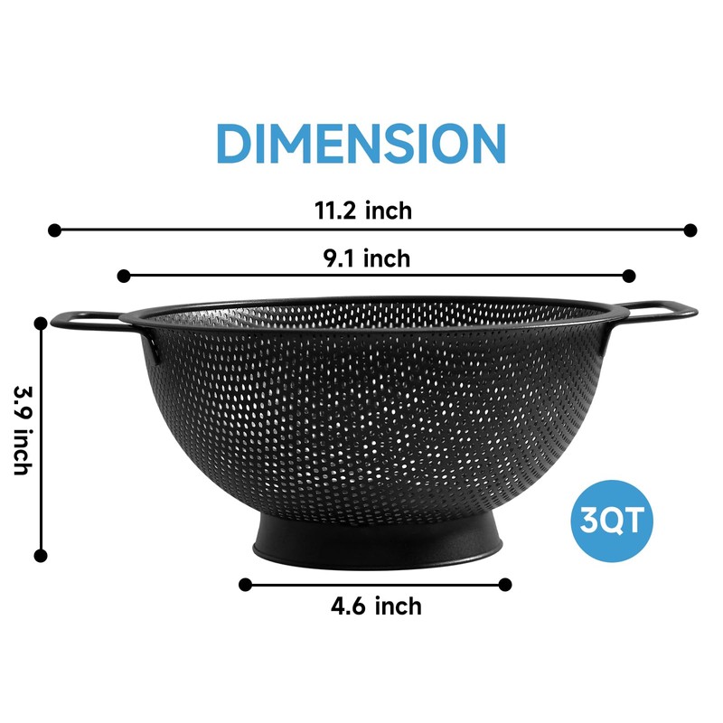 Black Colander for Kitchen, 3QT, Stainless Steel Pasta Strainer with