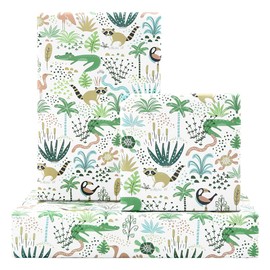 Safari Jungle Animals Raccoon Crocodile Flamingo Toucan Turtle Snake Fun Hide and Seek tropical leaves Rainforest Wrapping Paper, (4-Foled Flat Sheets, 1-Design: 20 x 28 inch Per Sheet,15 sq. ft.