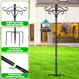 InstyQ Heavy Duty 76 Inch Shepherd’s Hook for Outdoors, Adjustable Bird Feeder Pole with 5-Prong Base, Double Hanging Hooks for Bird Feeders, Planters & Lanterns