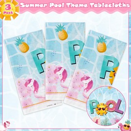 BkeeCten 3 Packs Summer Theme Tablecloth Swimming Pool Elements Disposable Rectangle Table Cover Decoration Ocean Beach Cool and Freshing Plastic Table Cover for Summer Season Kid’s Birthday Party