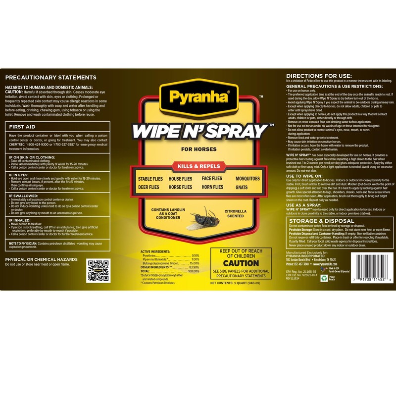 PYRANHA Wipe N' Spray for Horses - Oil-Based Long Lasting
