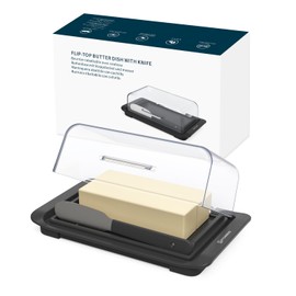 KITCHENDAO Airtight Flip-Top Butter Dish with Lid and Knife Spreader for Countertop and Refrigerator, Butter Keeper, Plastic Butter Holder Tray for 2 Sticks East Coast/ West Coast (Black)